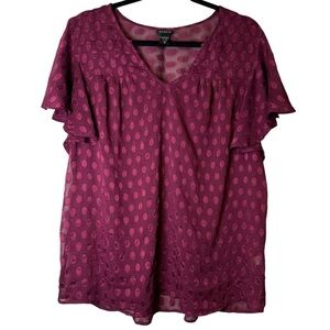 Torrid purple burgundy polka dot split neck blouse flutter sleeve‎ 0/0X 11142620
